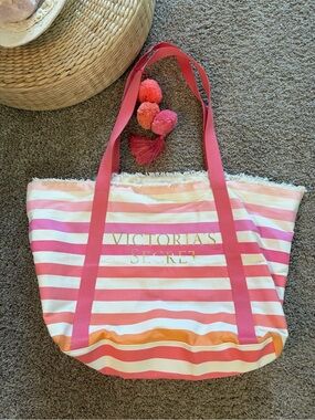 VICTORIA SECRET- “NWOT” Pink, Coral & White Striped Tote with Pom-Pom Accent